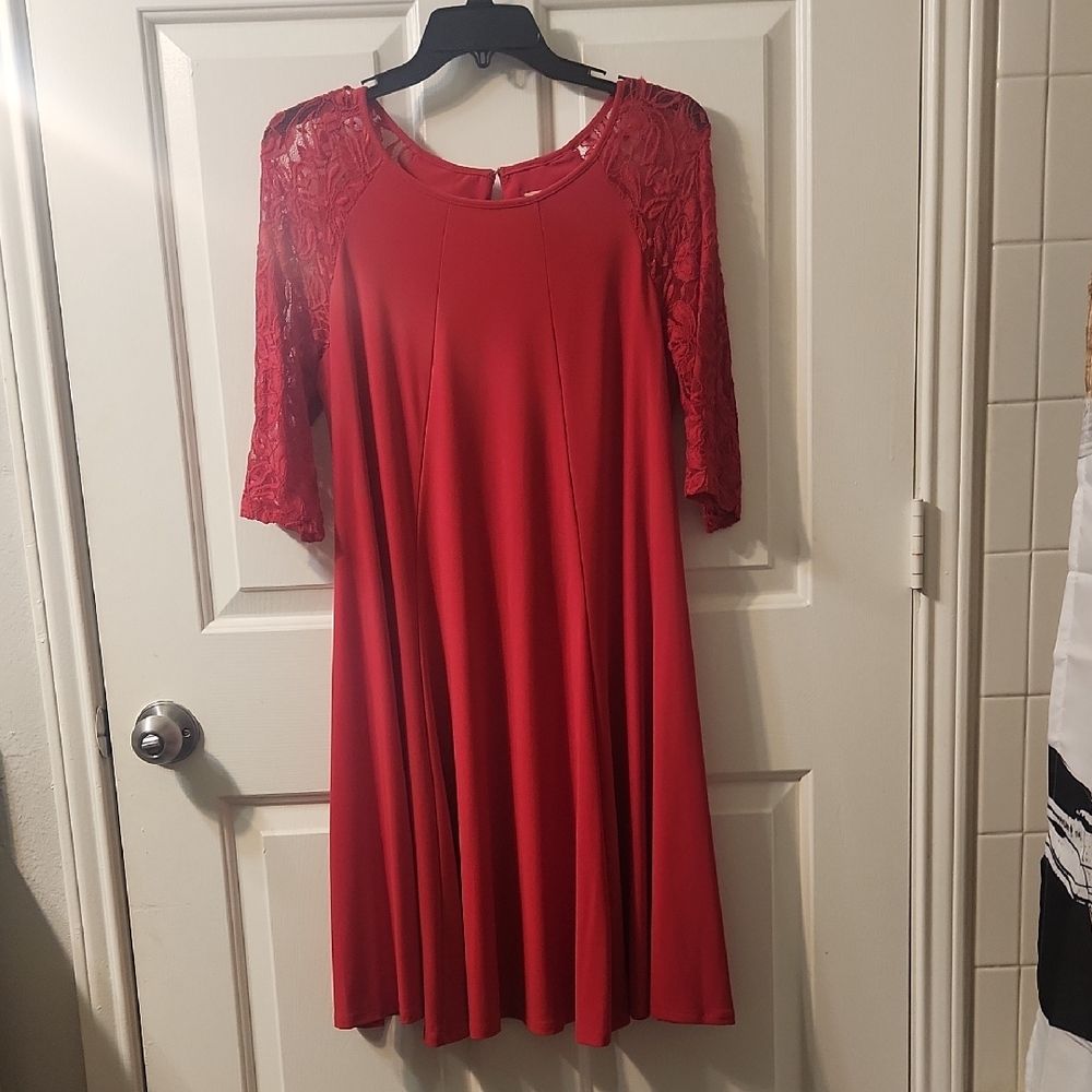 Julian Taylor Red Midi Dress with Lace Sleeves